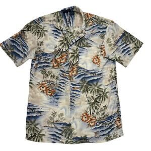 FC Hawaiian Shirt Mens Medium Multi Palm Print Surfer Beach Short Sleeve Aloha